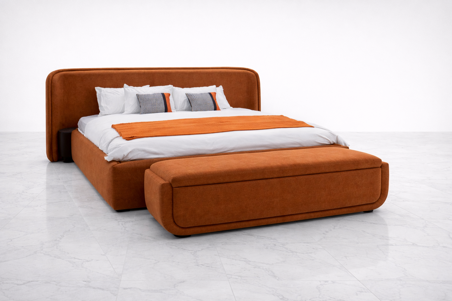 Rust Curved Upholstered Bed Set with Ottoman